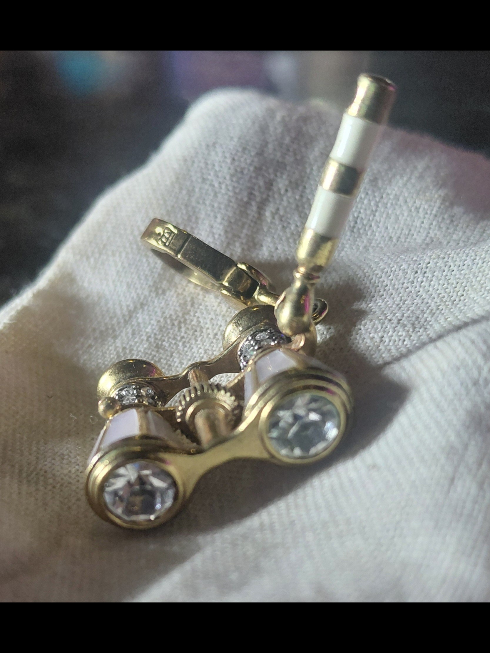 Gold Opera Glasses Charm Pendant With Crystals